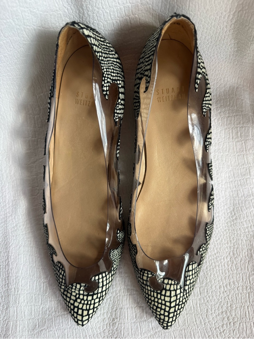 Stuart Weitzman Clear Flats with Black Patterned Trim